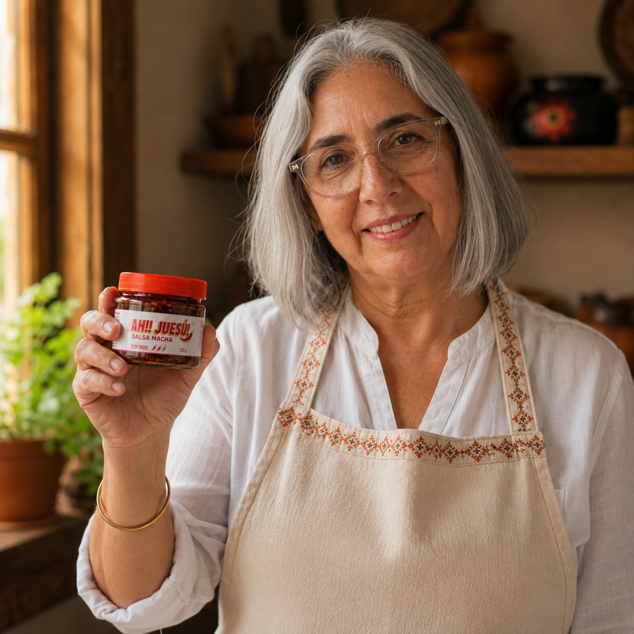 María Guadalupe Vázquez Fararoni sosteniendo un frasco de AH!! JUESÚ! Salsa Macha